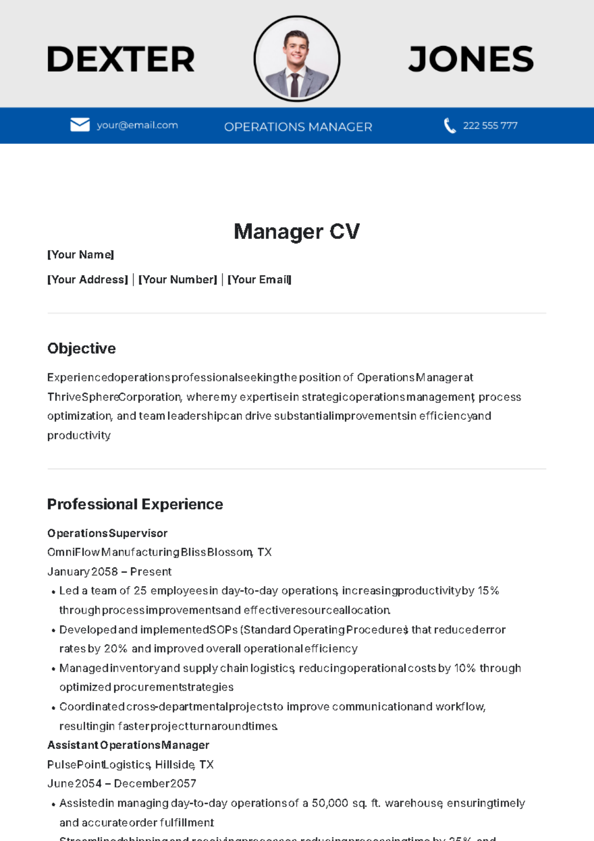 Manager CV Template - Edit Online & Download