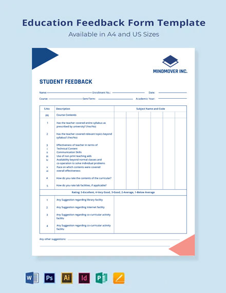 Education Feedback Form Template - Illustrator, InDesign, Word, Apple Pages, PSD, Publisher