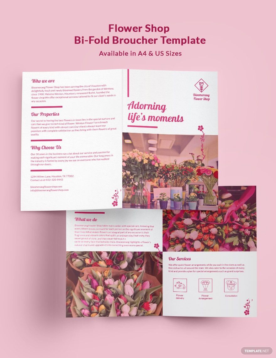 Flower Shop Promotional Bi-Fold Brochure Template in Word, Google Docs, Illustrator, PSD, Apple Pages, Publisher, InDesign