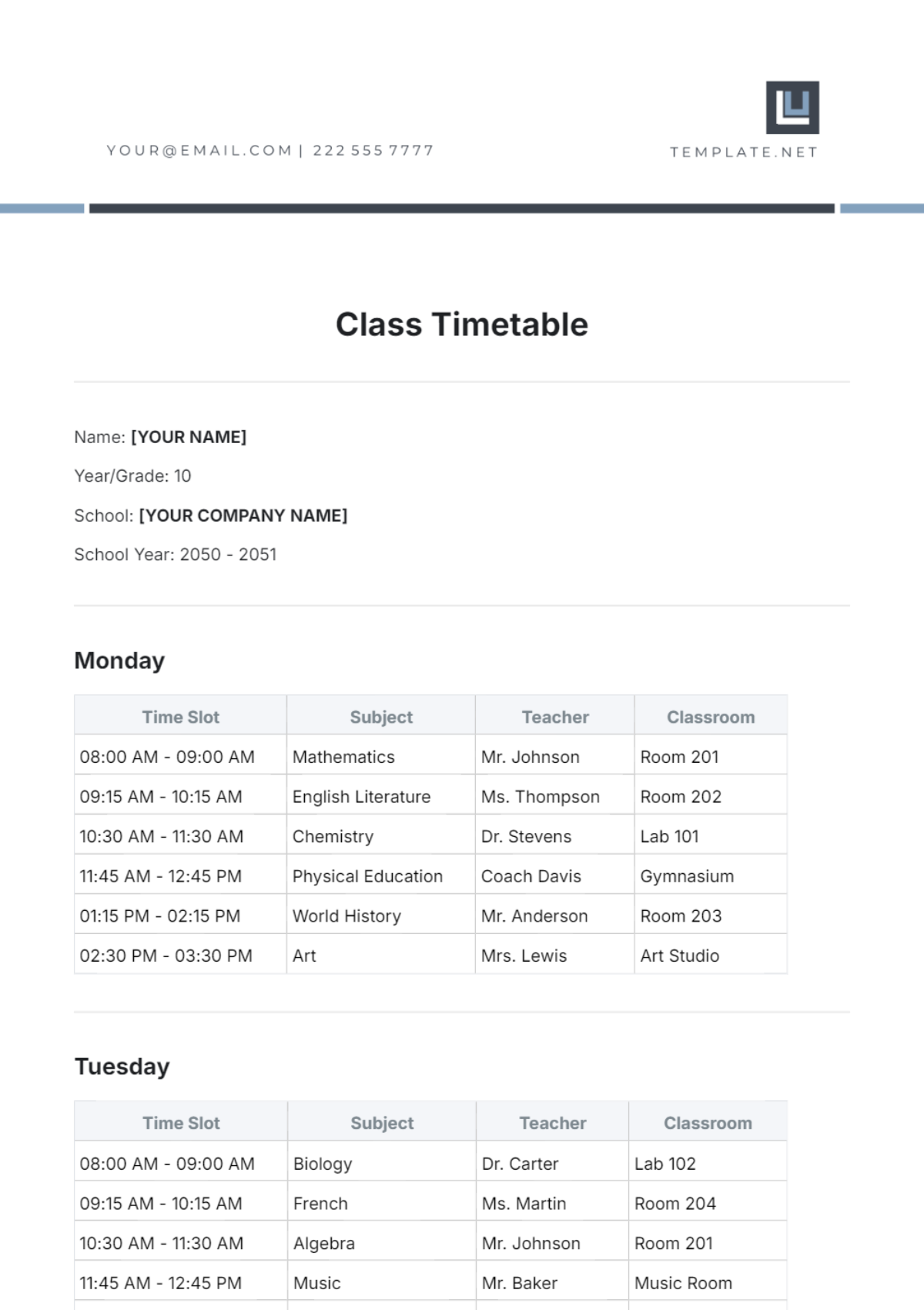 Printable Class Timetable Template