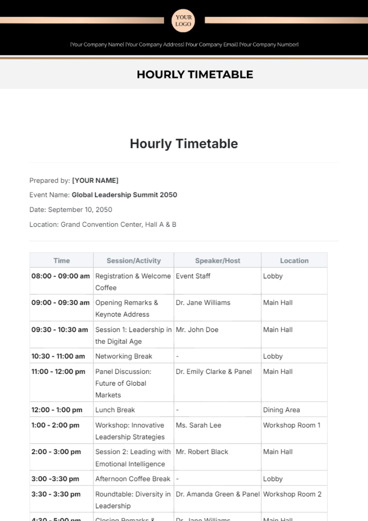 Hourly Timetable Template