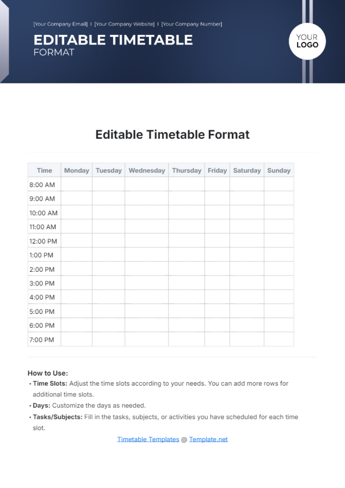 Editable Timetable Format Template