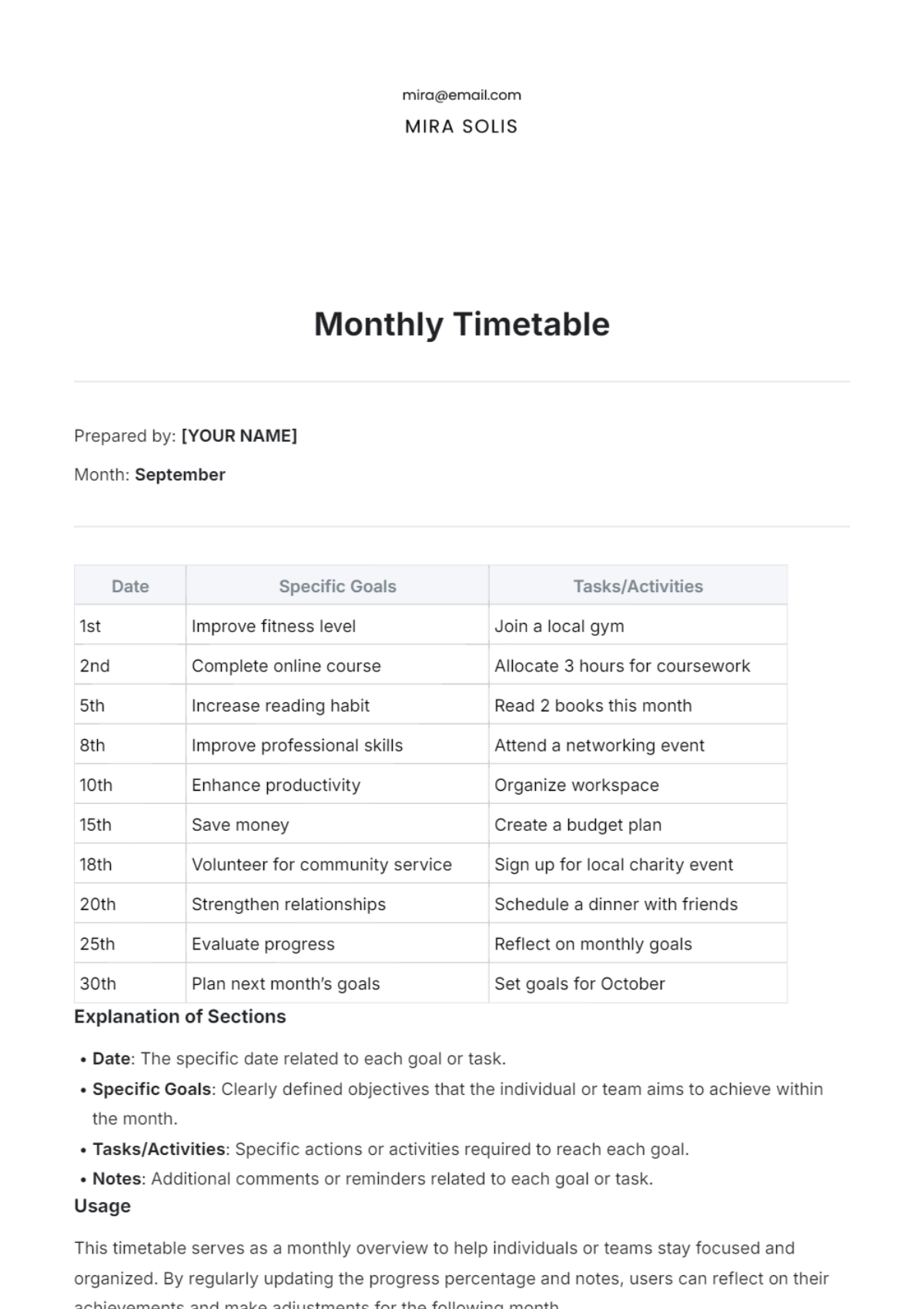 Monthly Timetable Template