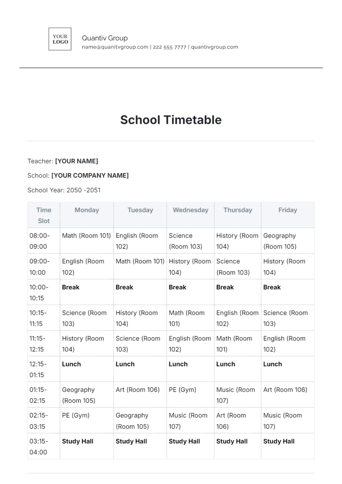 School Timetable Template