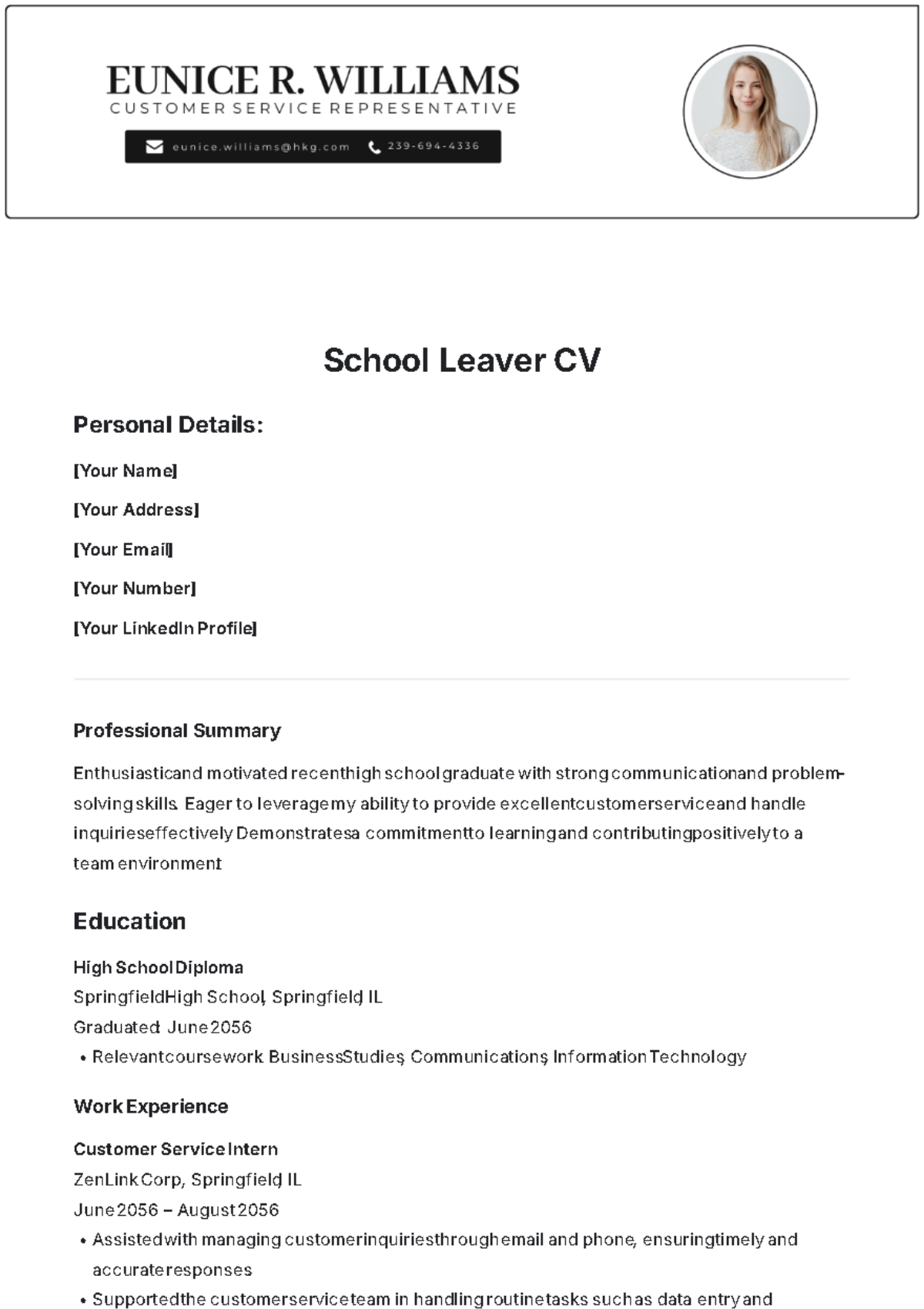 Free School Leaver CV Template - Edit Online & Download | Template.net