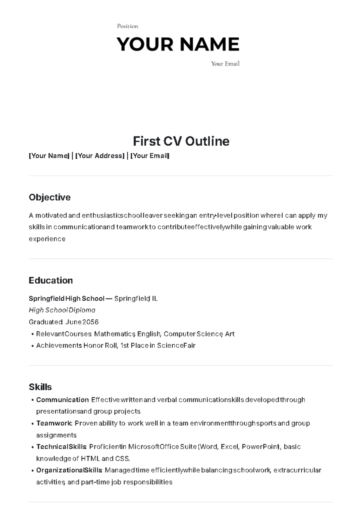 First CV Outline Template - Edit Online & Download