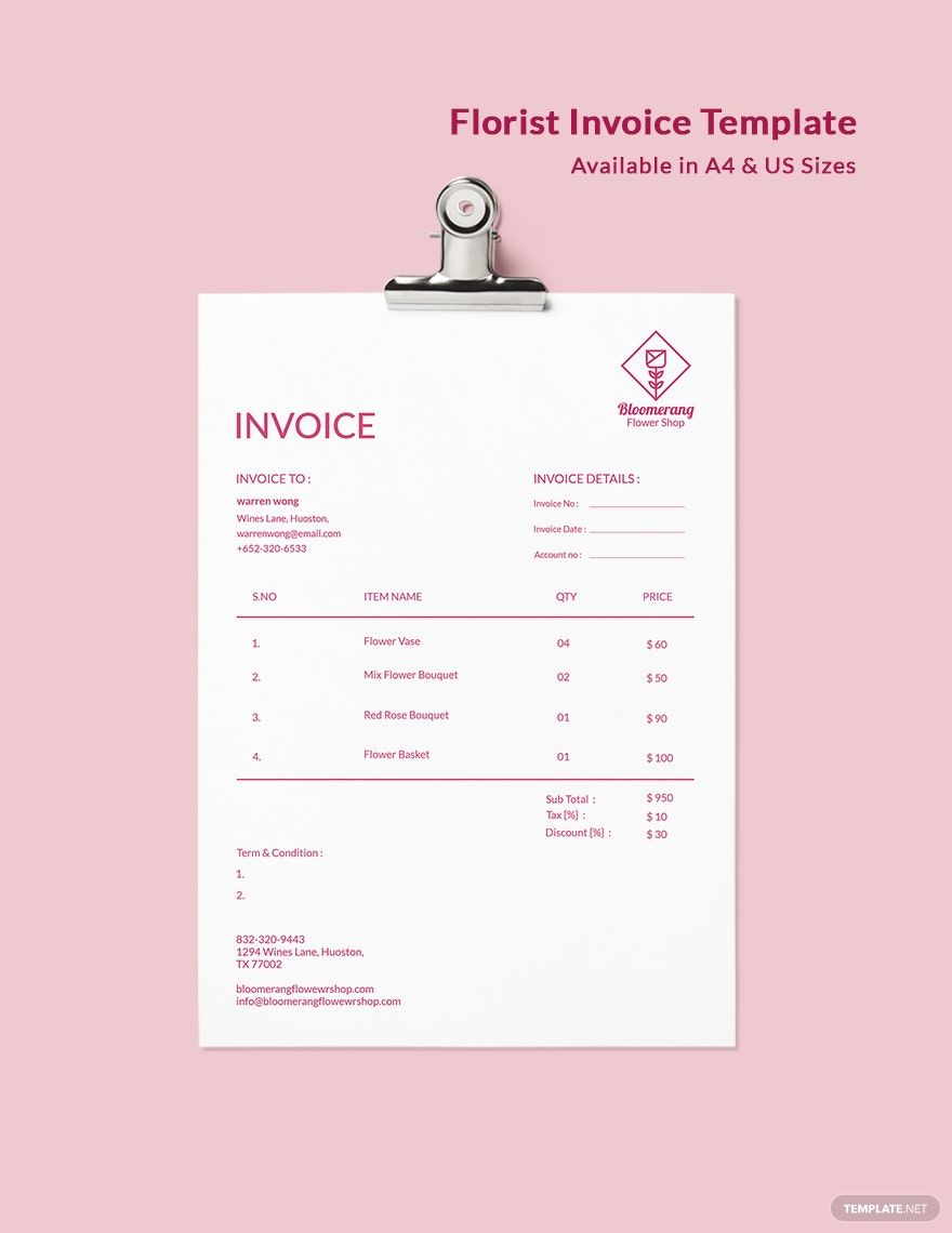 Florist Invoice Template Google Docs, Google Sheets, Illustrator