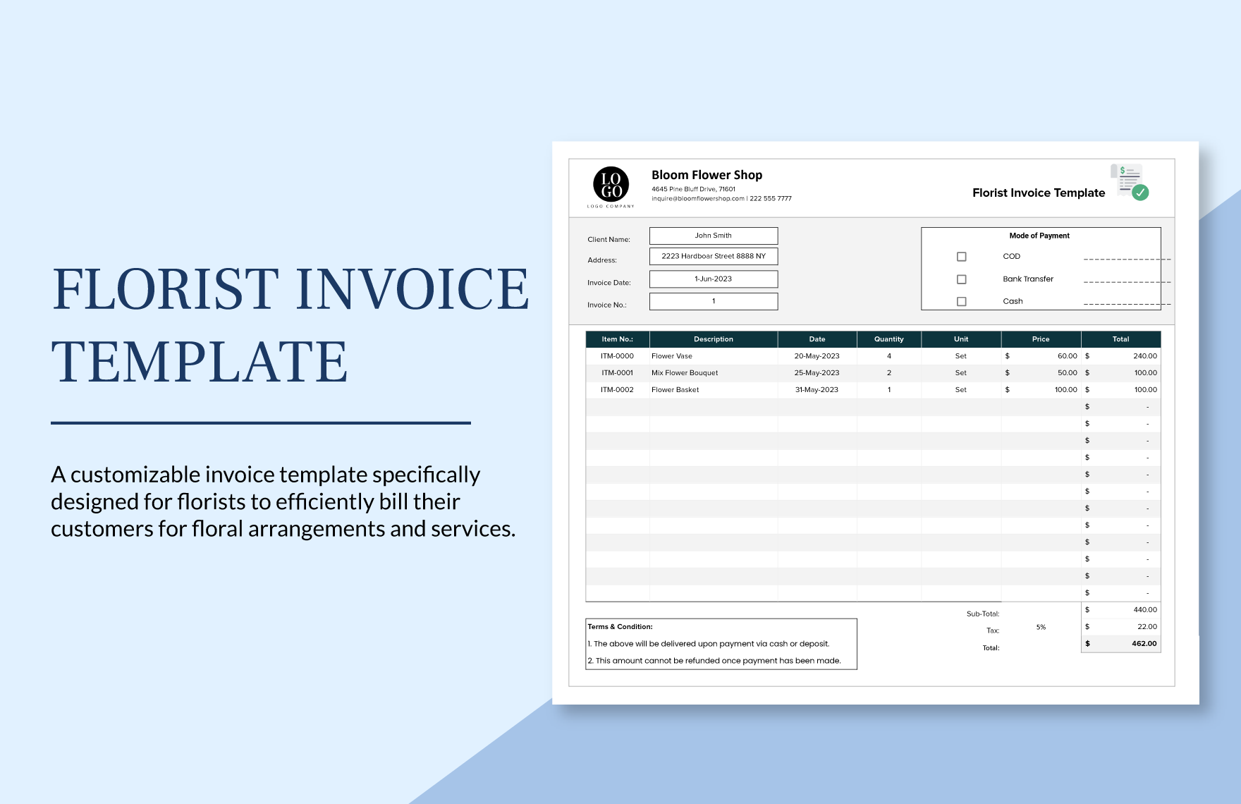 Florist Invoice Template in Word, Google Docs, Excel, Google Sheets, Illustrator, PSD, Apple Pages, InDesign, Apple Numbers