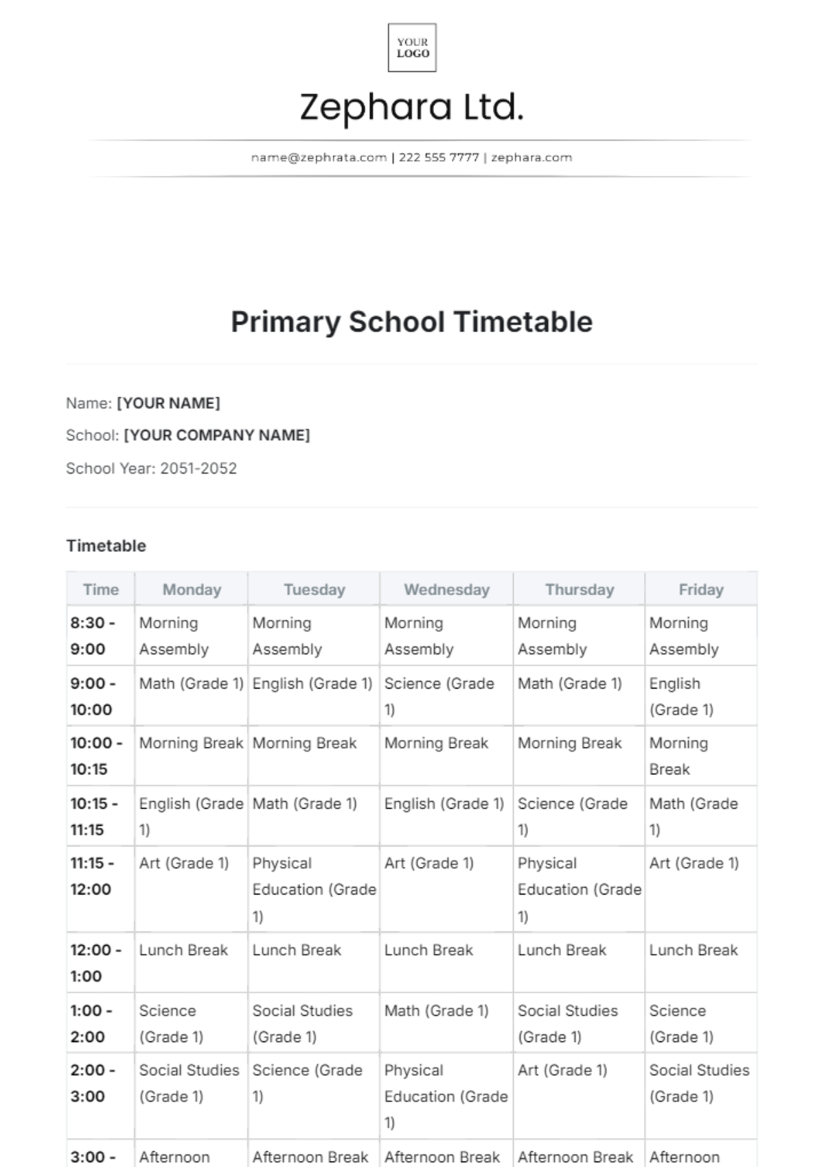 Primary School Timetable Template