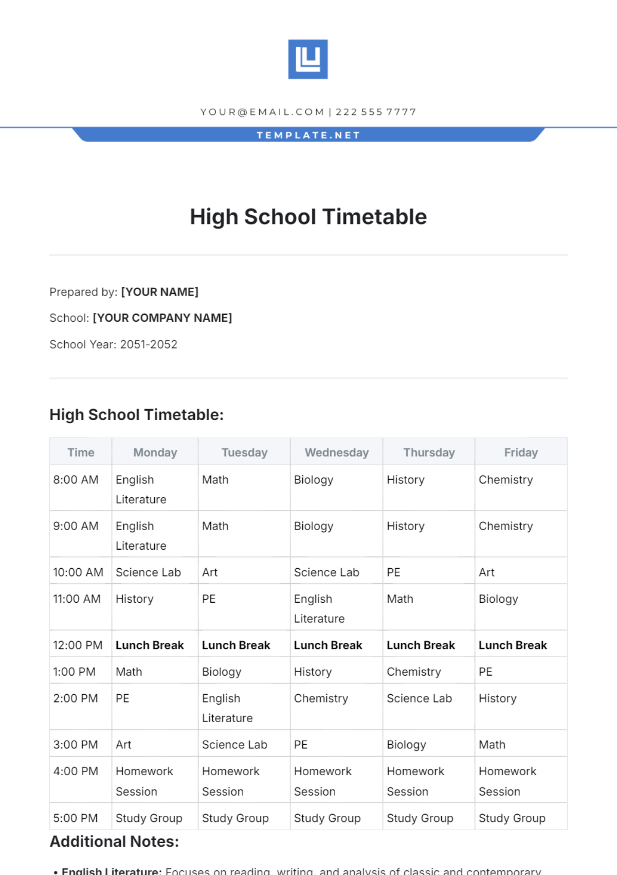 High School Timetable Template