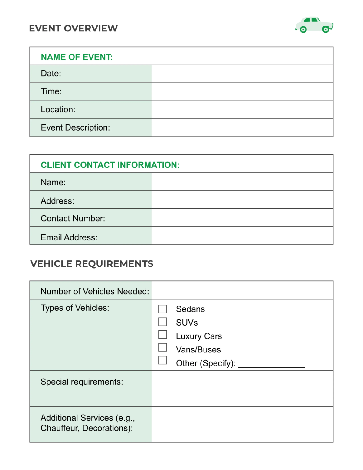 Free Car Rental Event Planner Template to Edit Online
