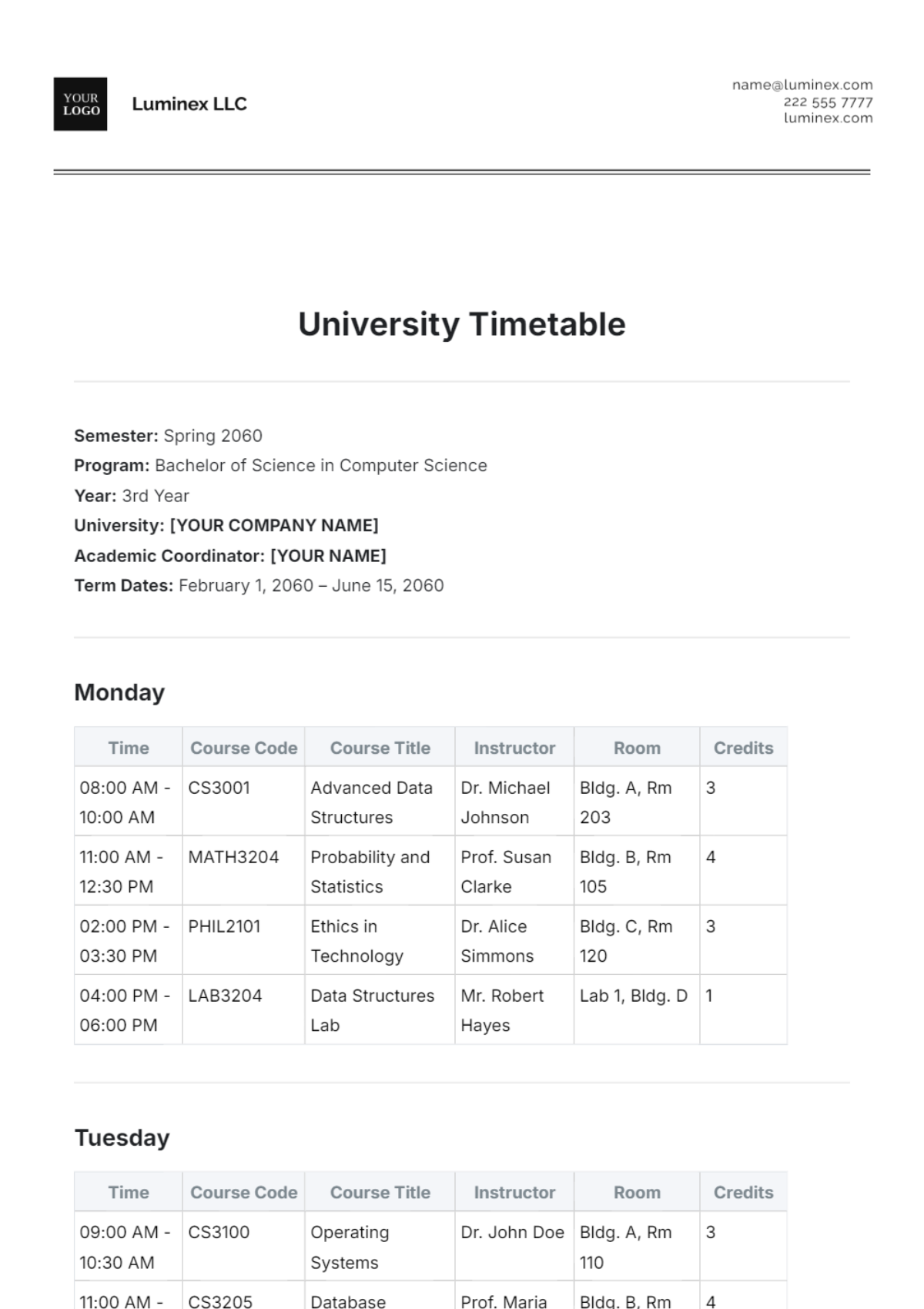 University Timetable Template