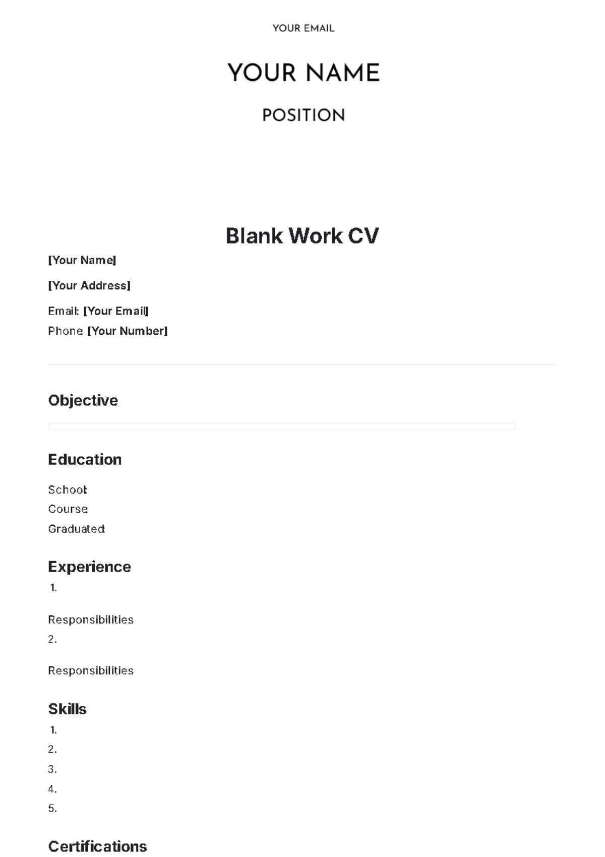 Blank Work CV Template - Edit Online & Download