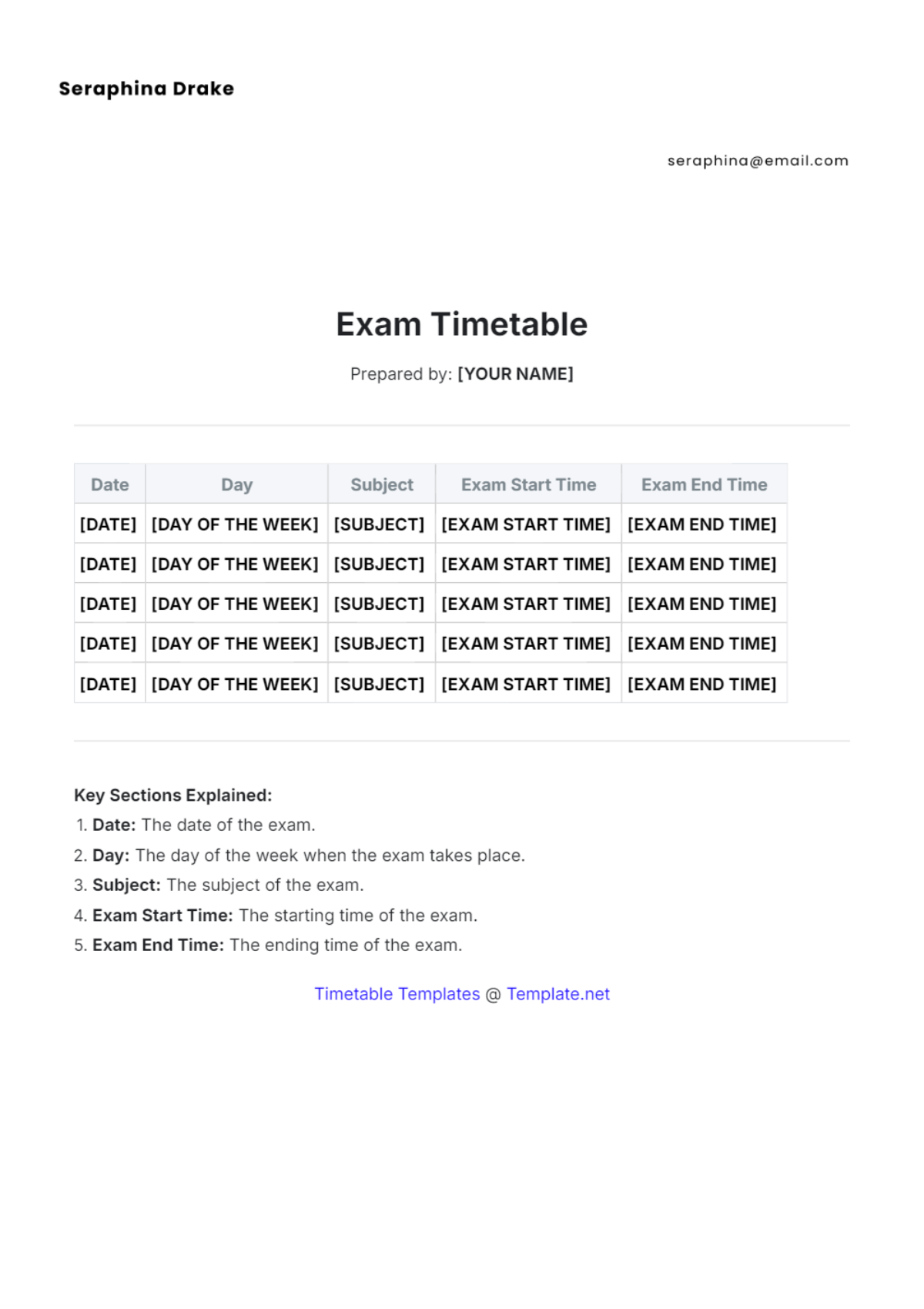 Blank Exam Timetable Template