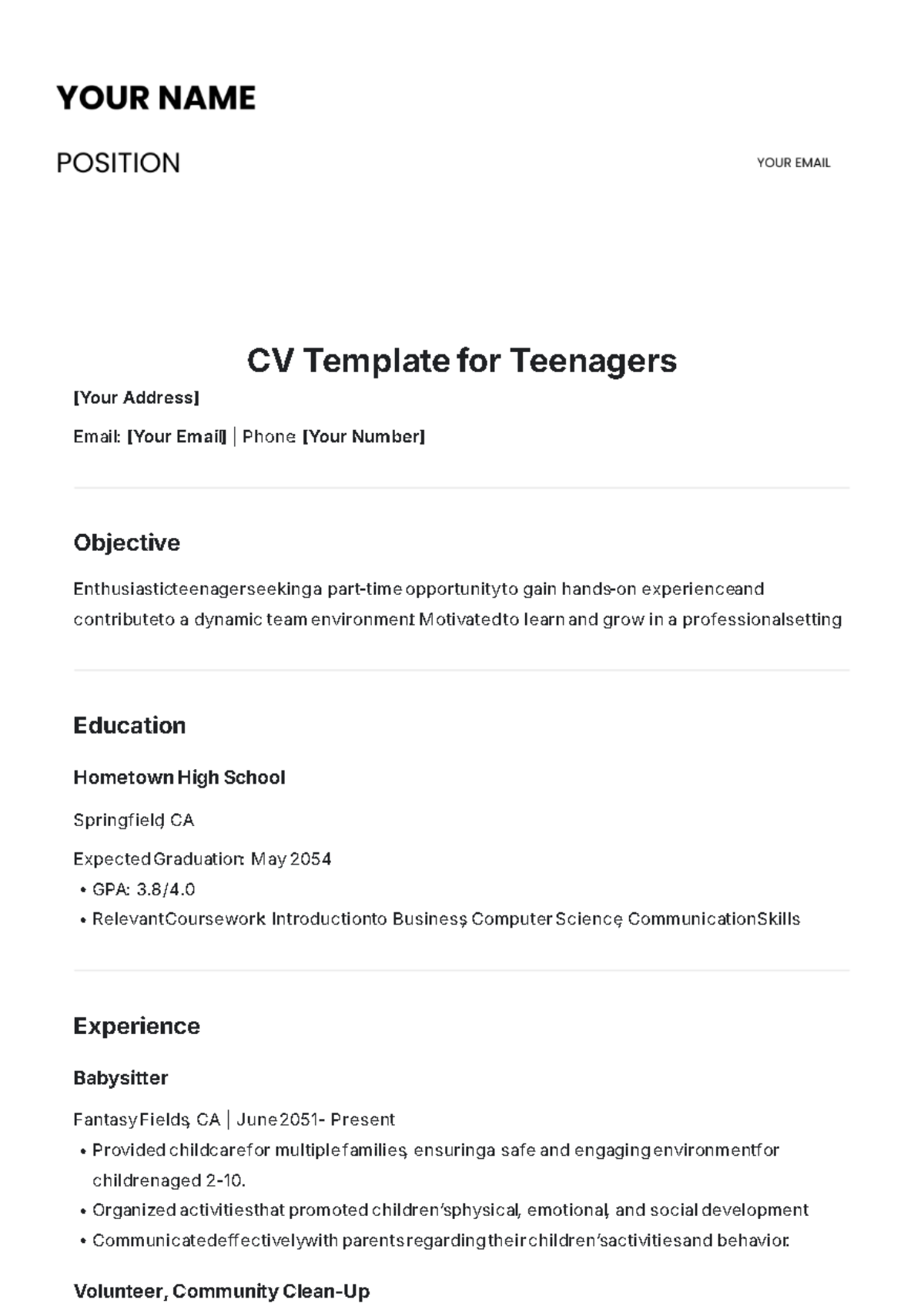 CV Template for Teenagers - Edit Online & Download