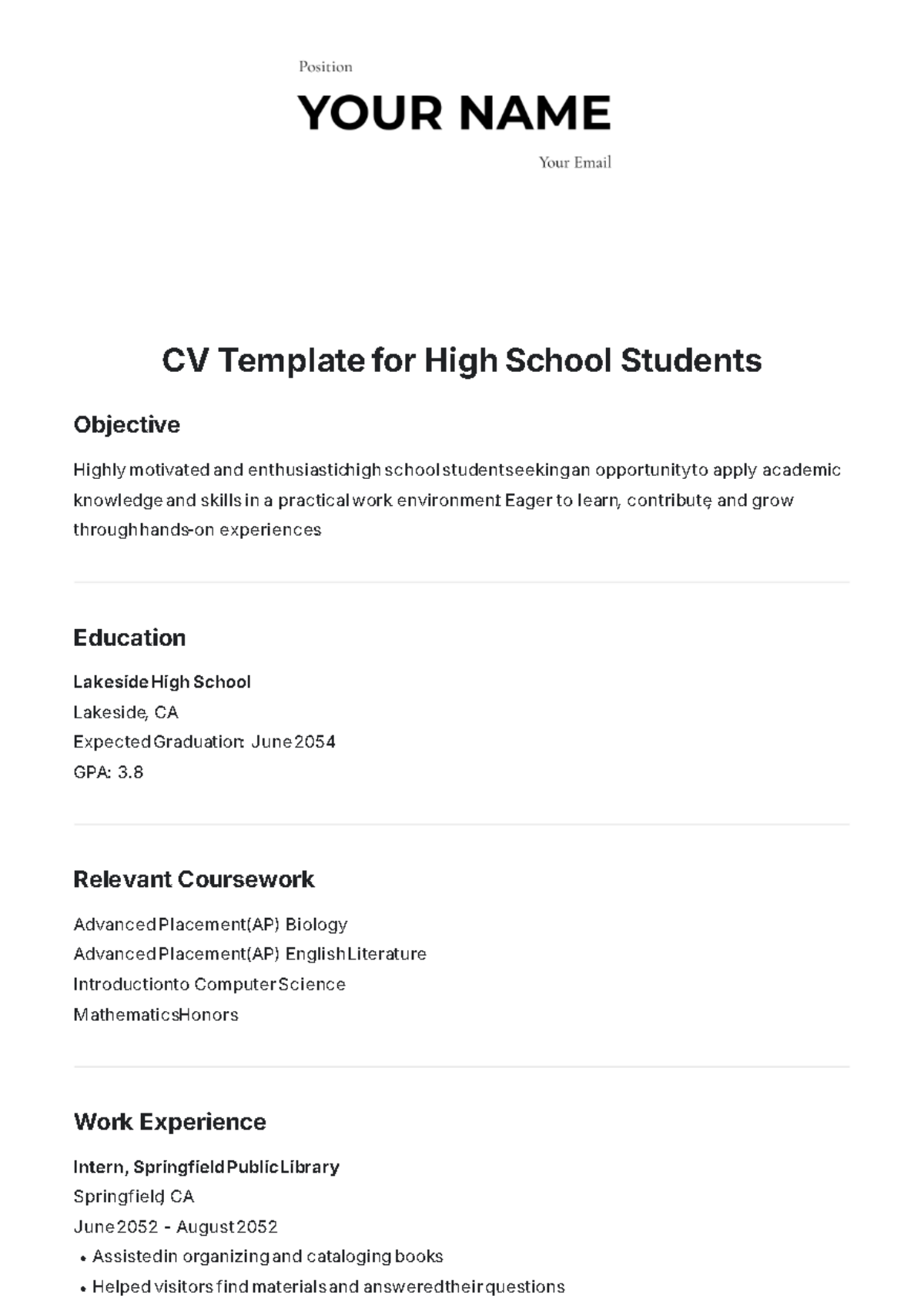 CV Template for High School Students - Edit Online & Download