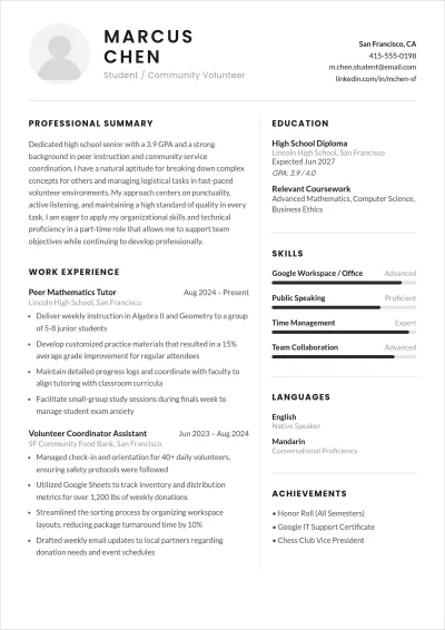 Free CV Template for High School Students ATS CV Template