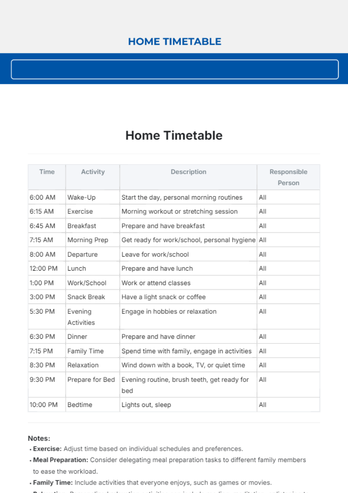 Home Timetable Template