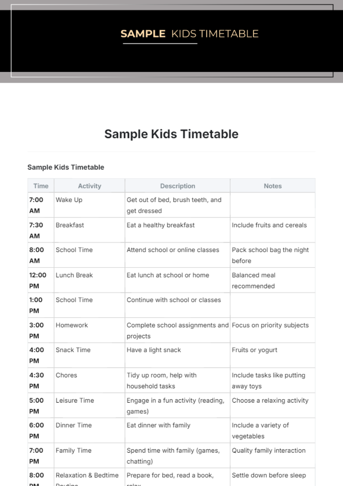 Sample Kids Timetable Template