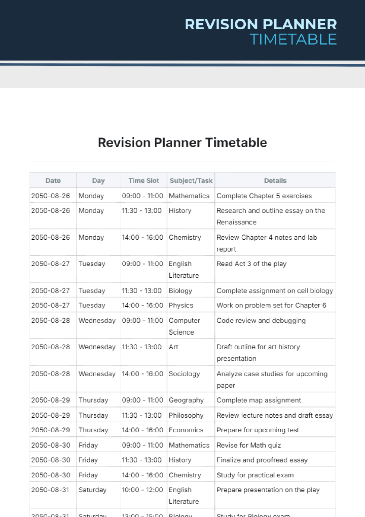 Revision Planner Timetable Template