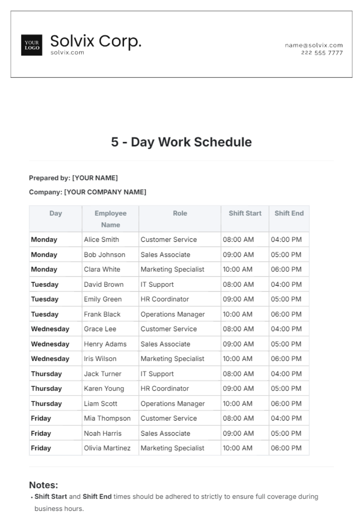 5-Day Work Schedule Template