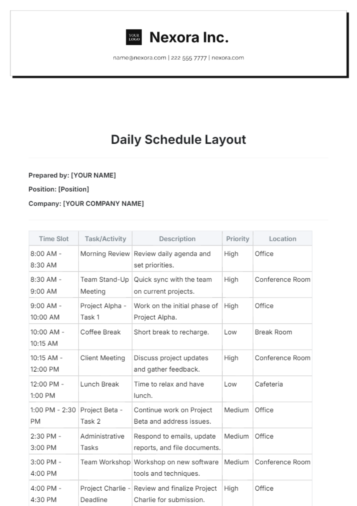 Daily Schedule Layout Template