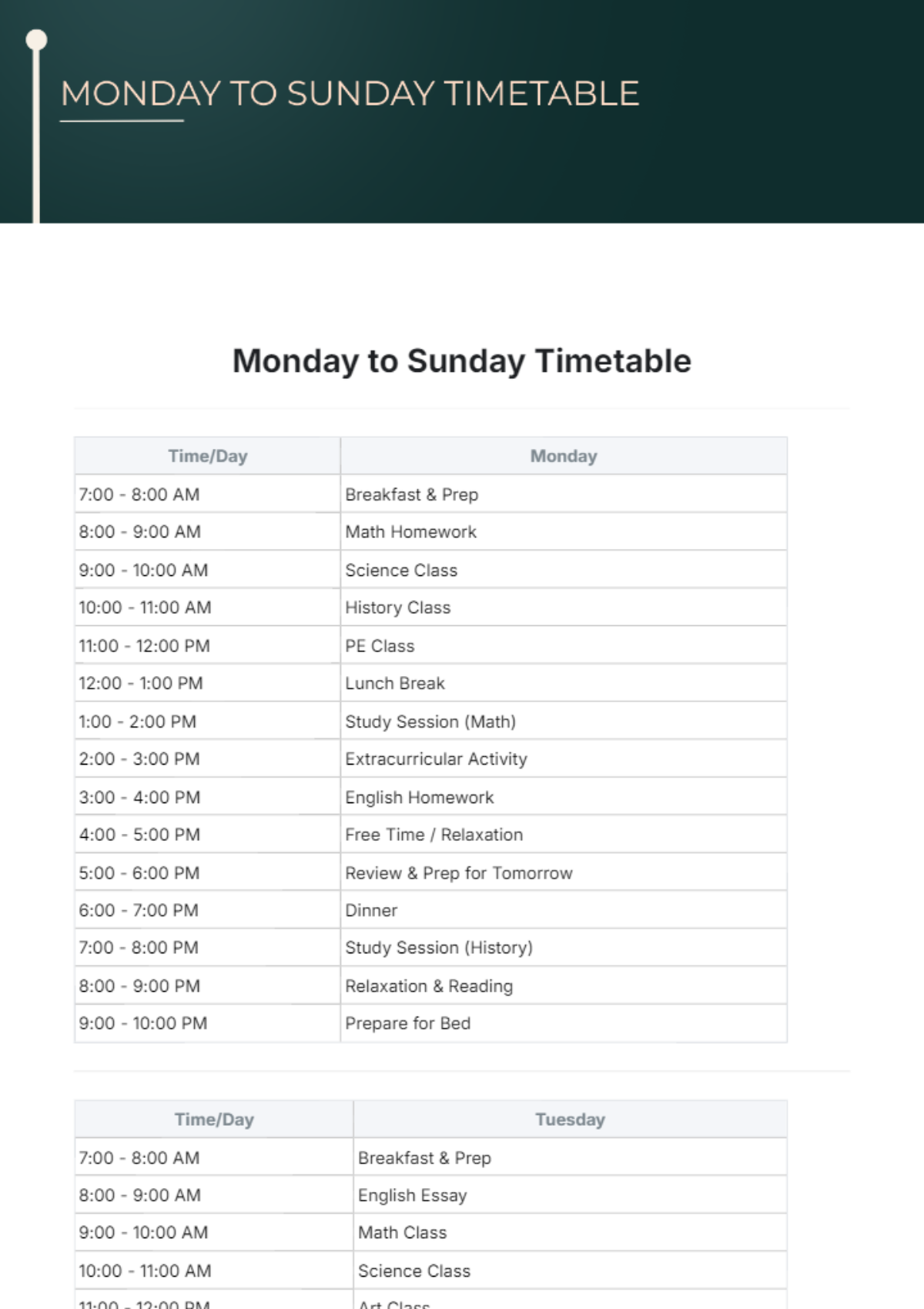 Monday to Sunday Timetable Template