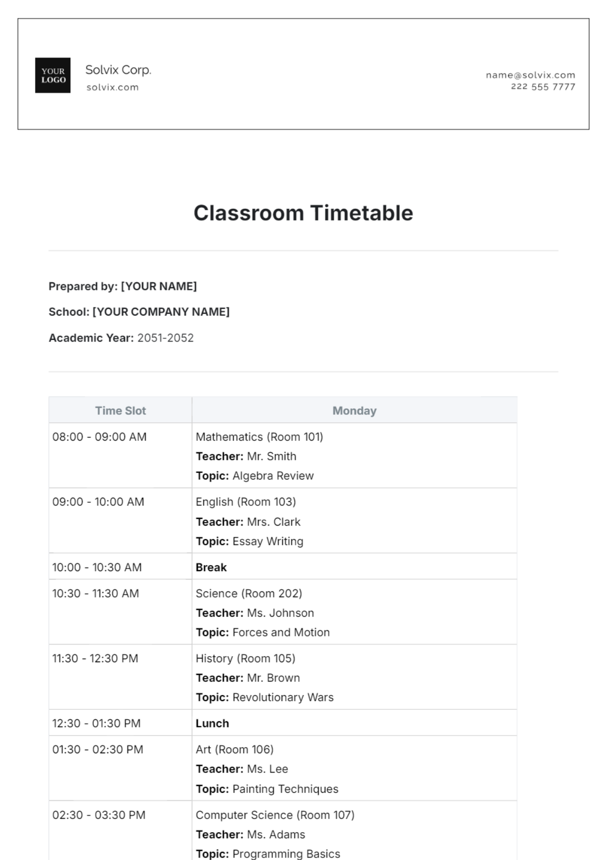 Classroom Timetable Format Template