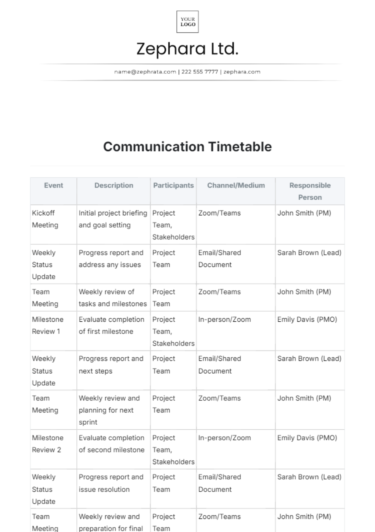 Communication Timetable Template