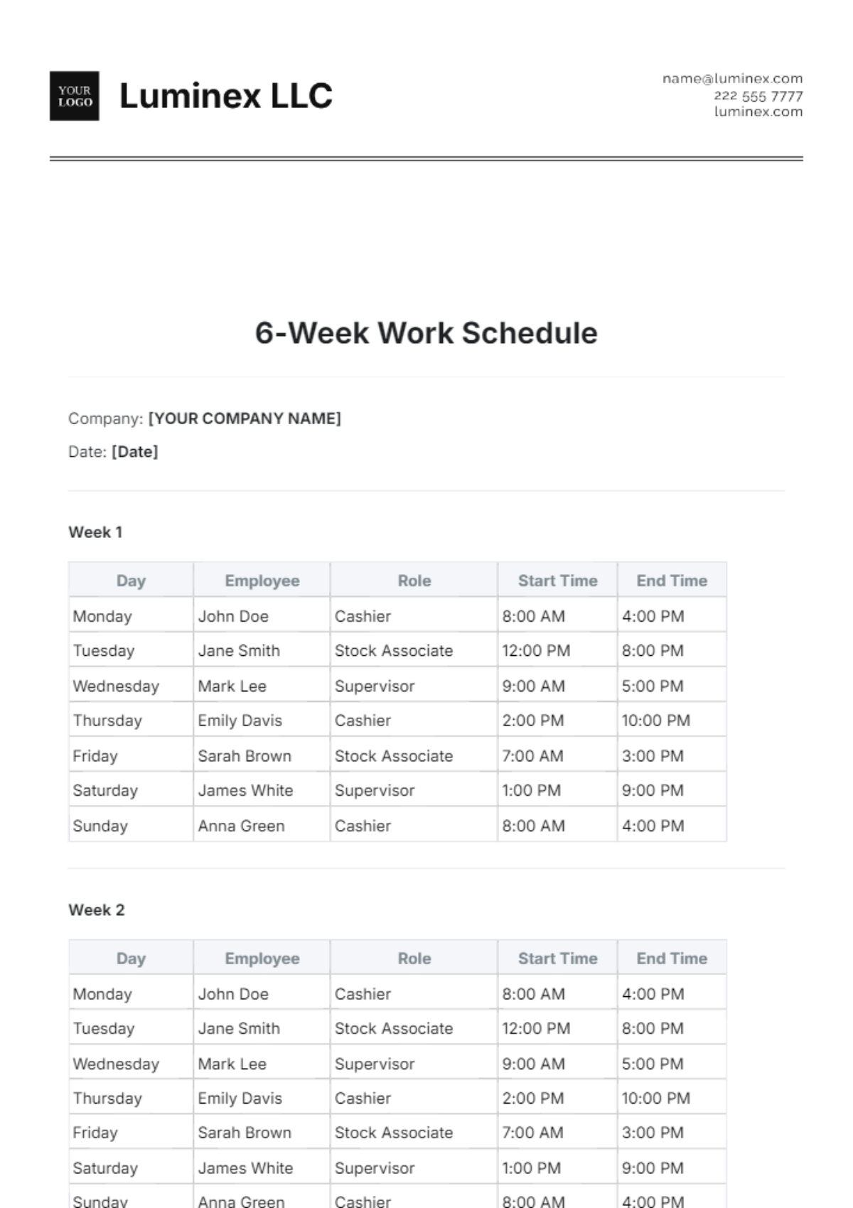 6-Week Work Schedule Template