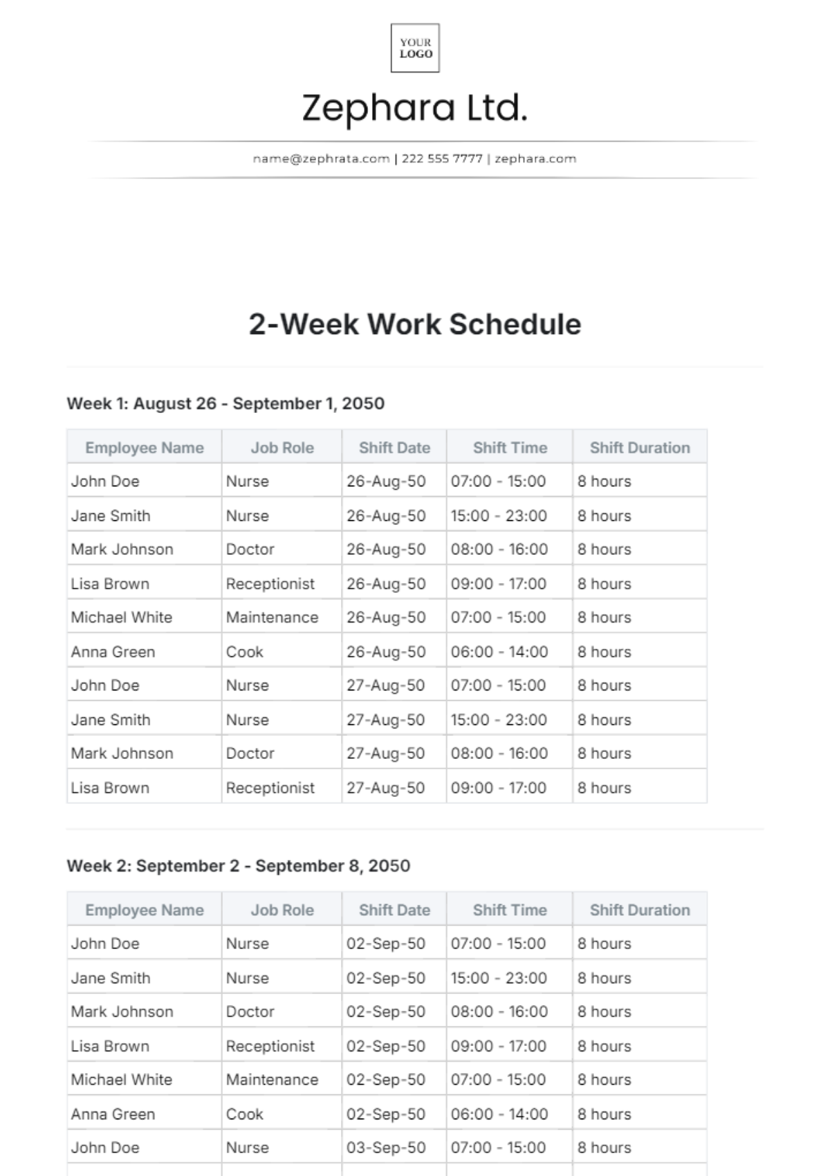 2-Week Work Schedule Template