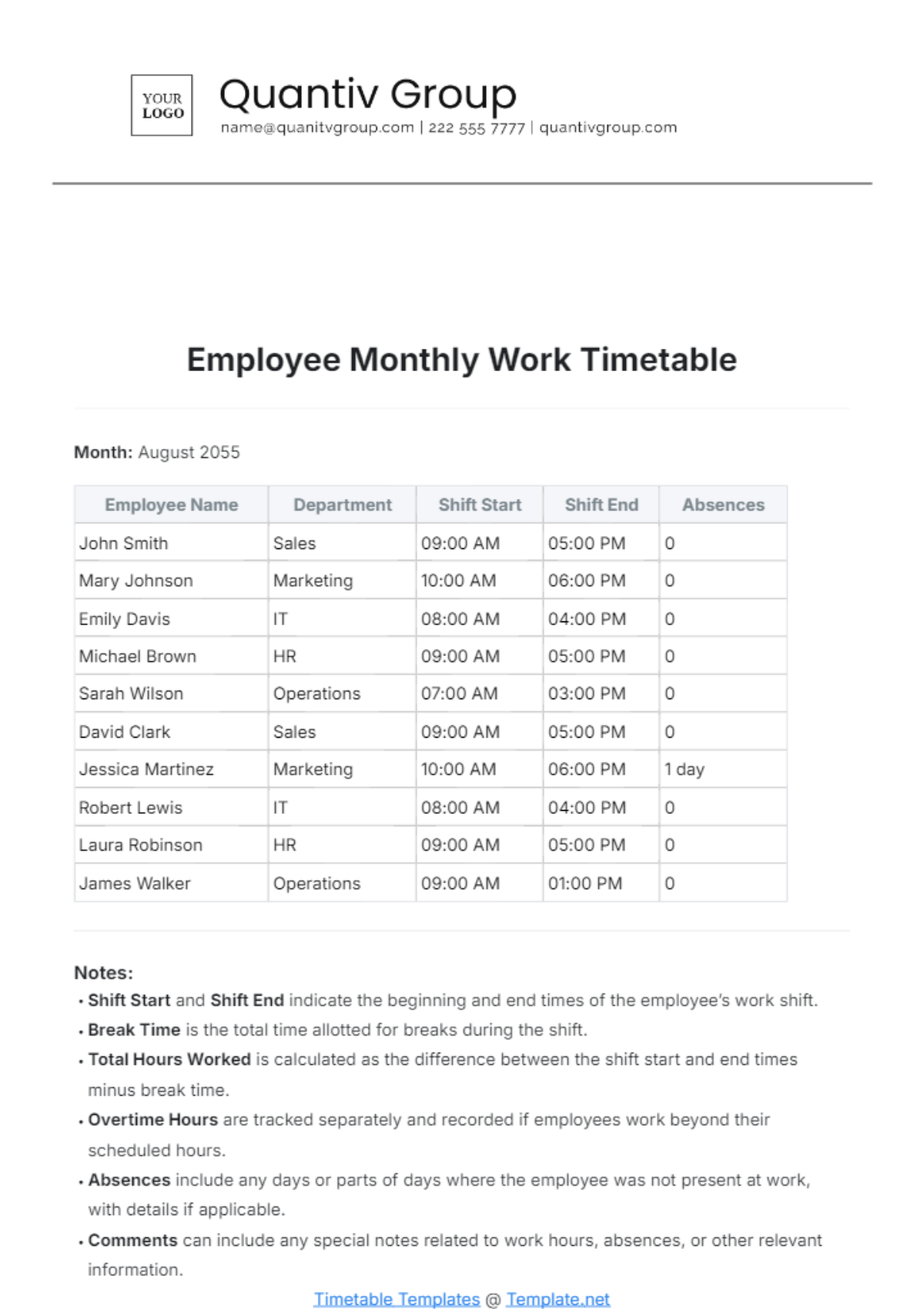 Employee Monthly Work Timetable Template