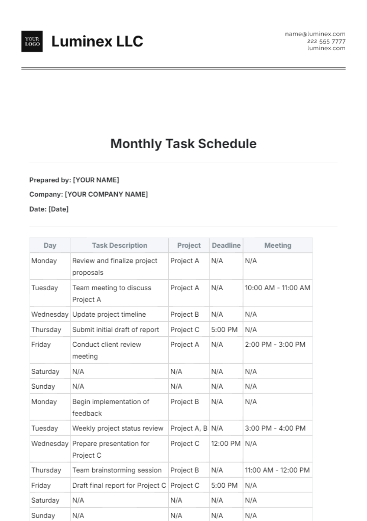 Monthly Task Schedule Template