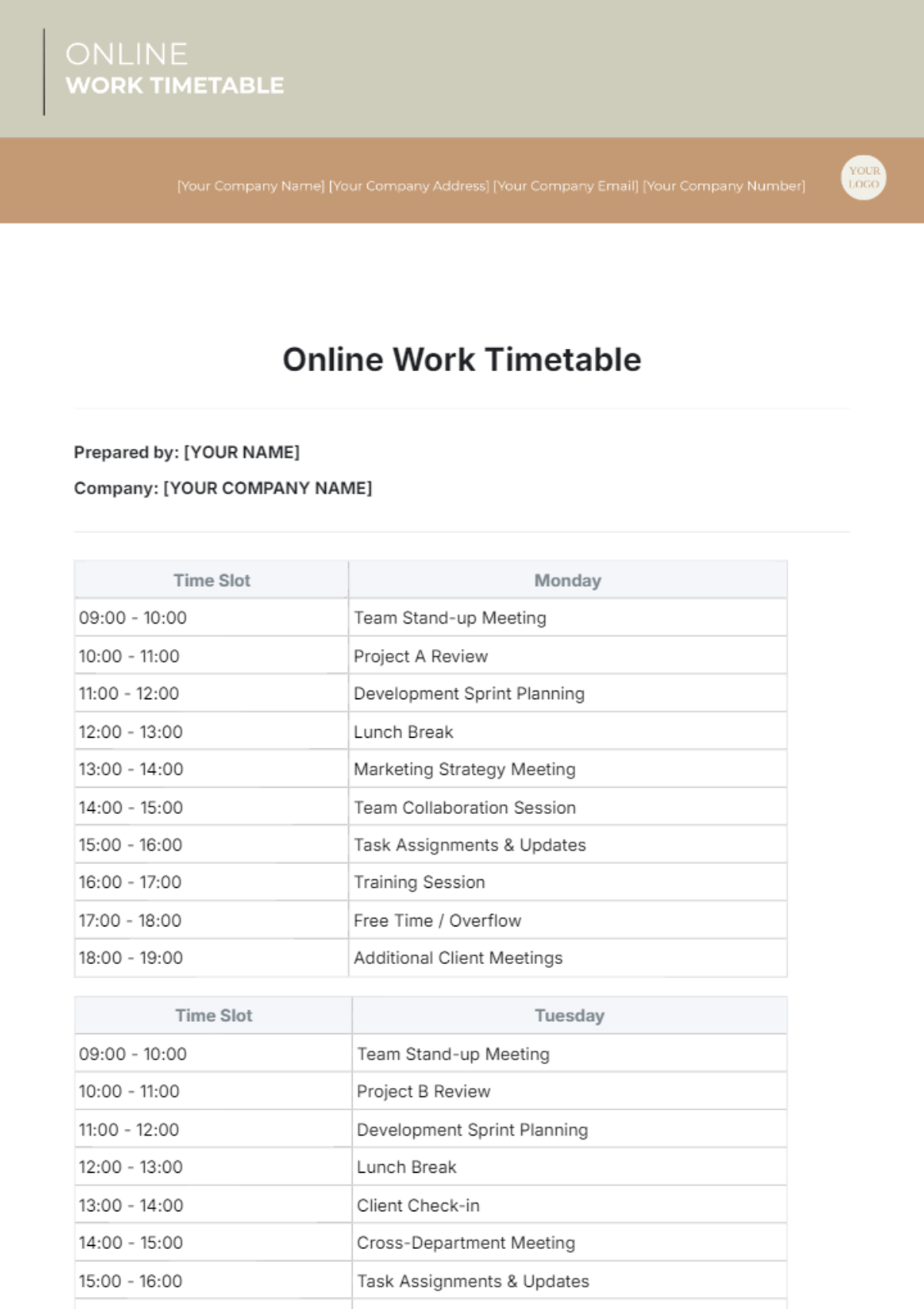 Online Work Timetable Template