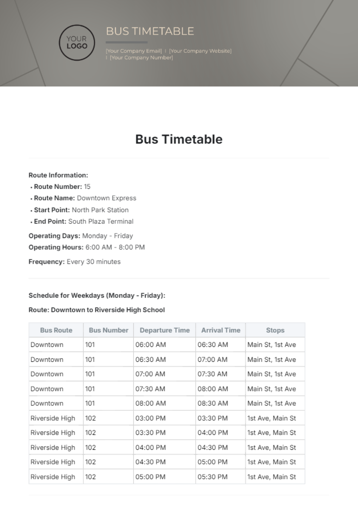 Bus Timetable Template