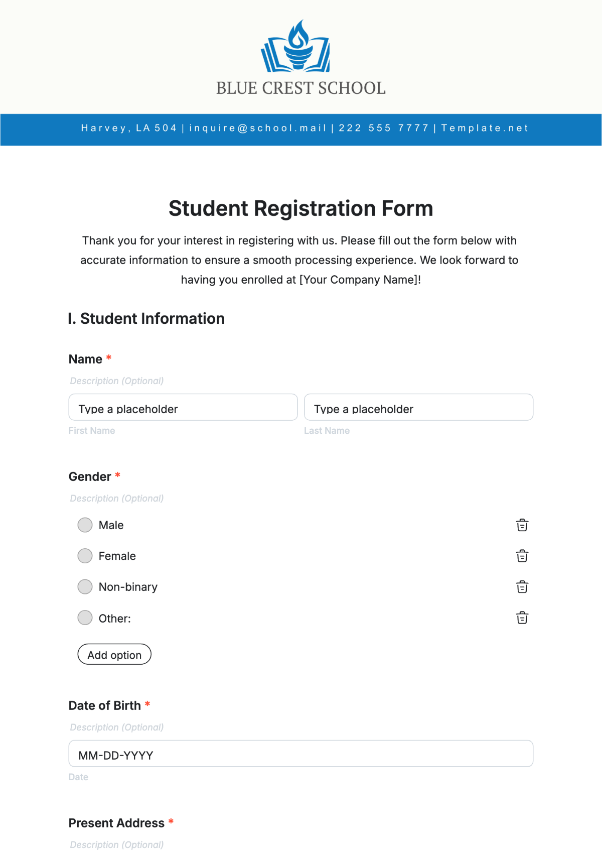 Student Registration Form Template - Edit Online & Download