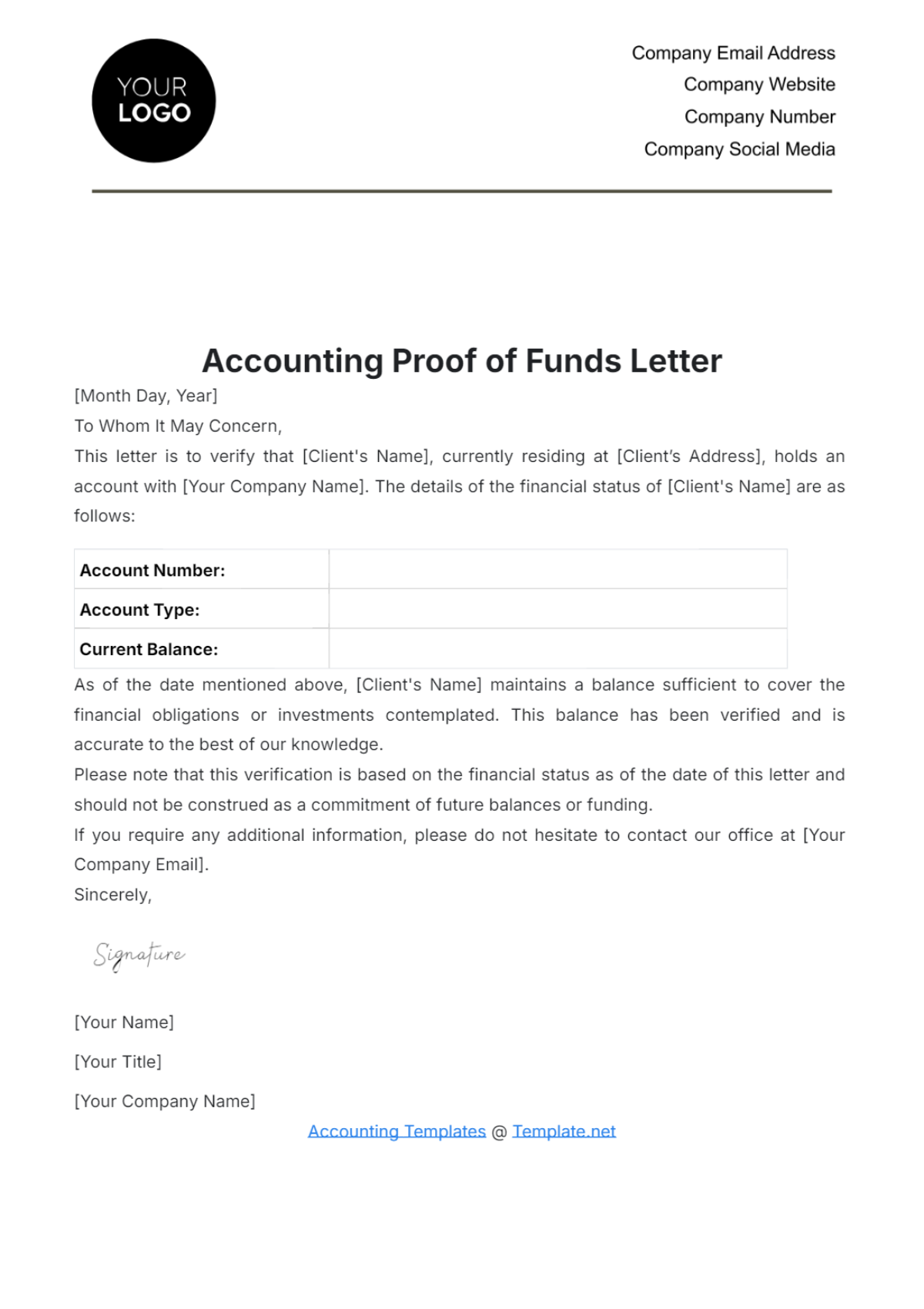 Accounting Proof of Funds Letter Template - Edit Online & Download