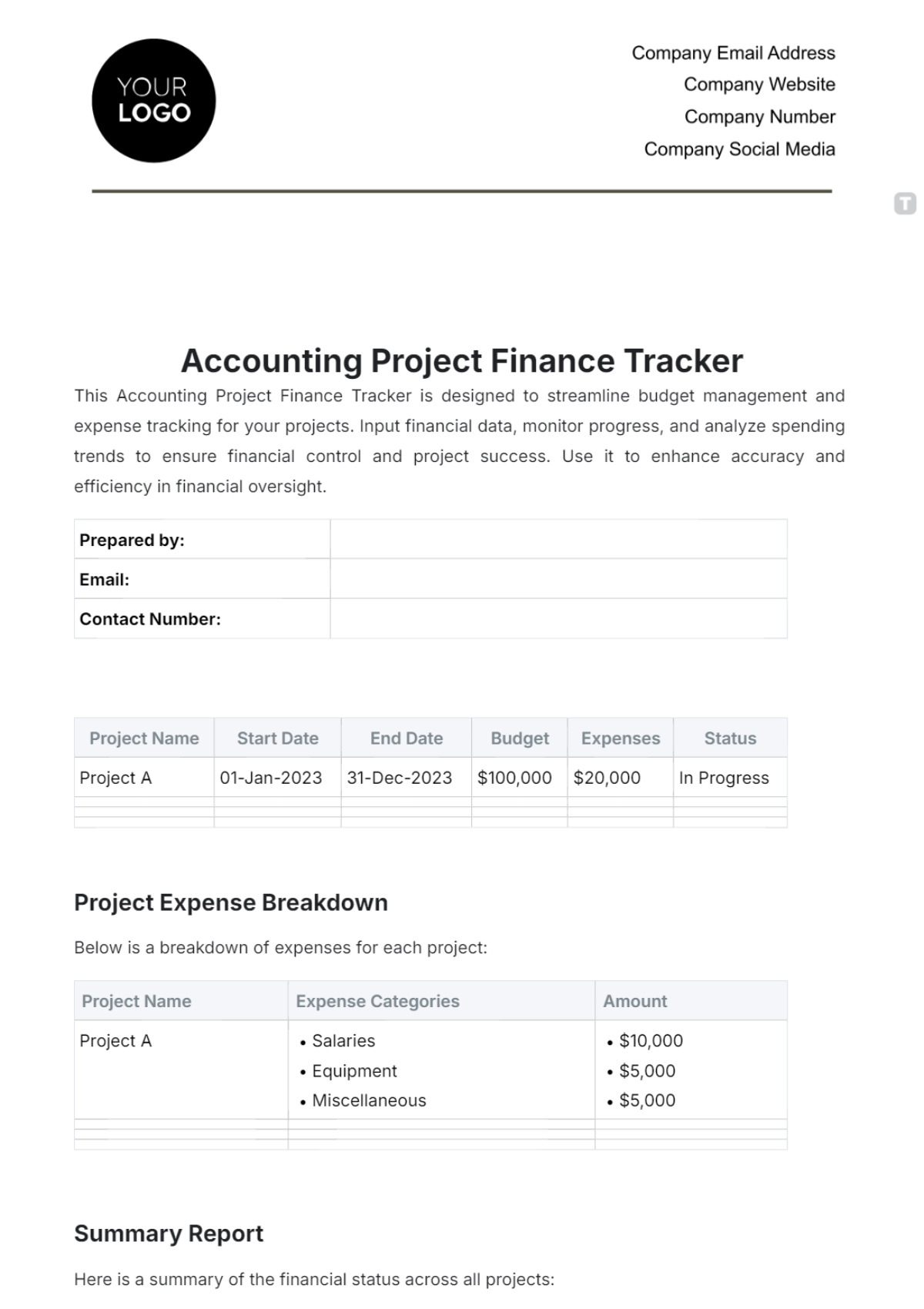 Accounting Project Finance Tracker Template - Edit Online & Download