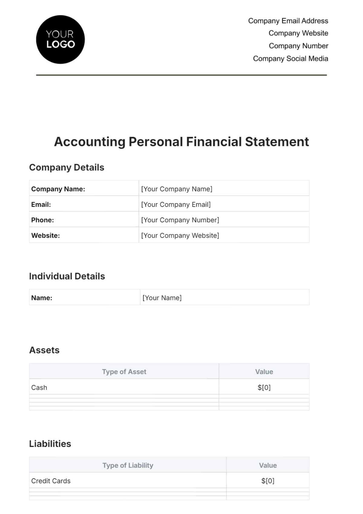 Accounting Personal Financial Statement Template - Edit Online & Download