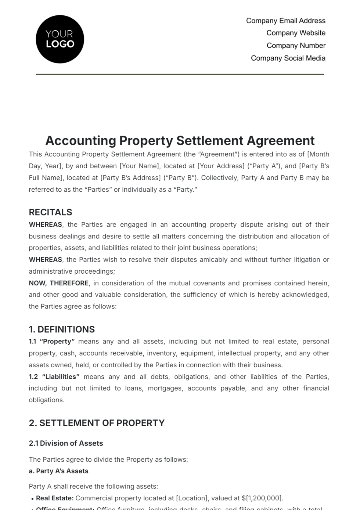 Accounting Property Settlement Agreement Template - Edit Online & Download