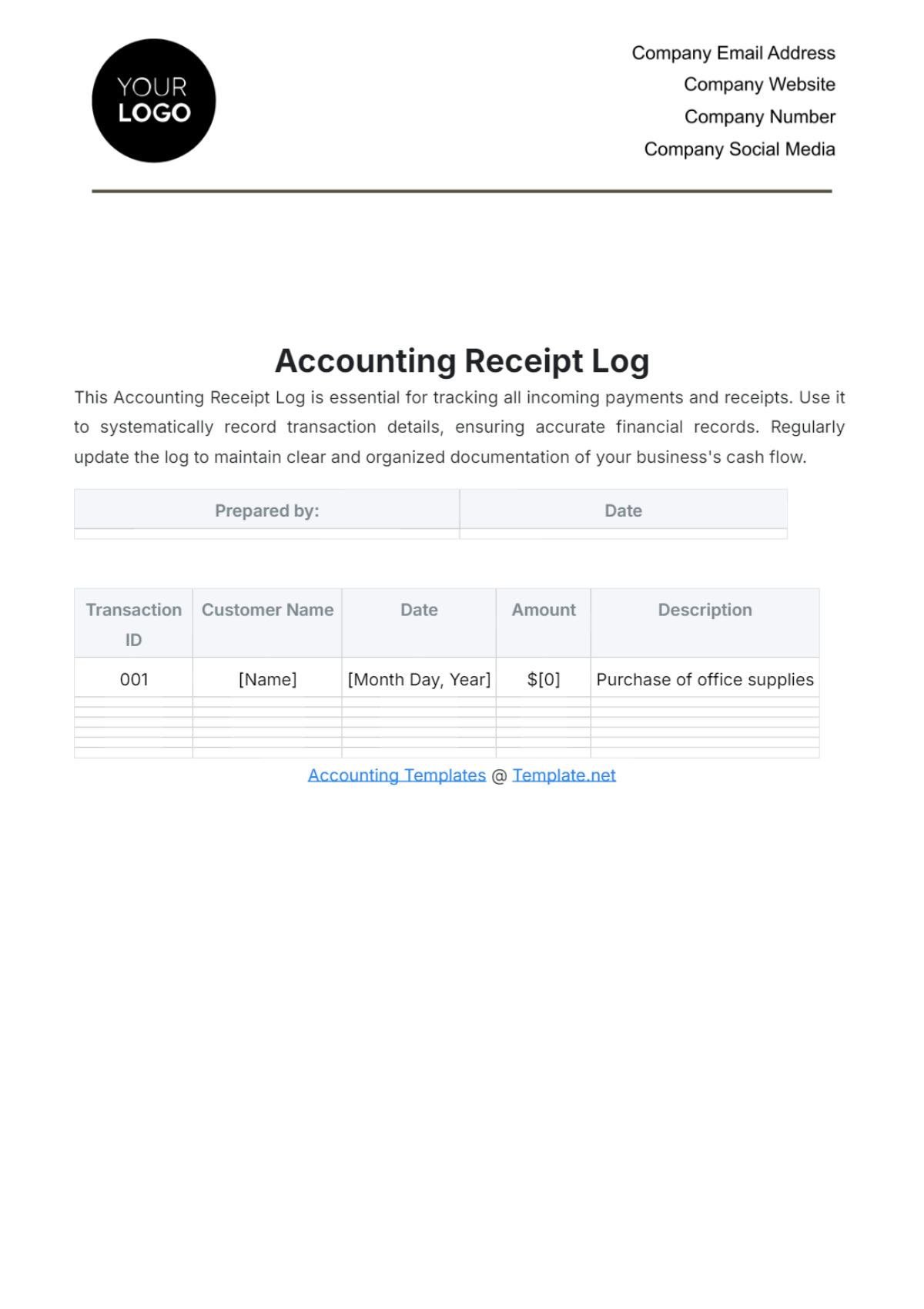 Accounting Receipt Log Template - Edit Online & Download