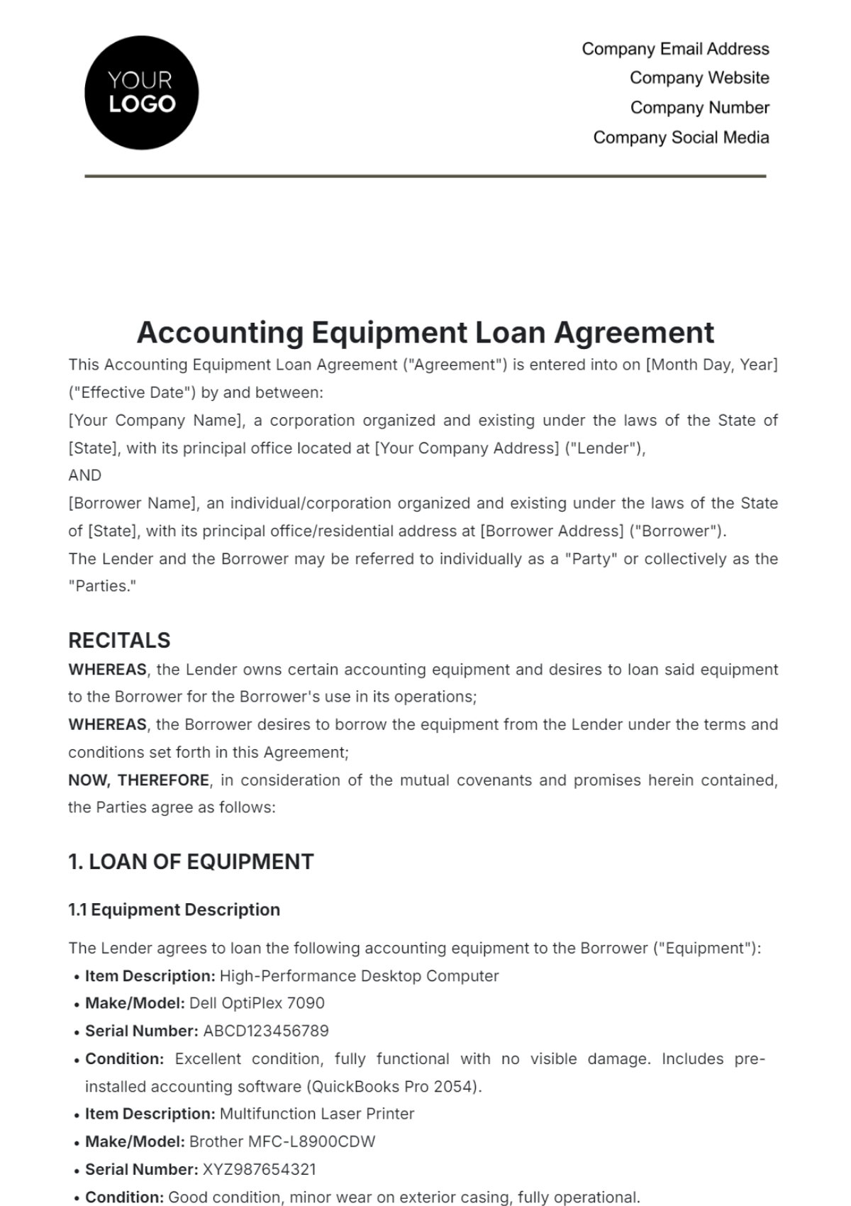 Accounting Equipment Loan Agreement Template - Edit Online & Download