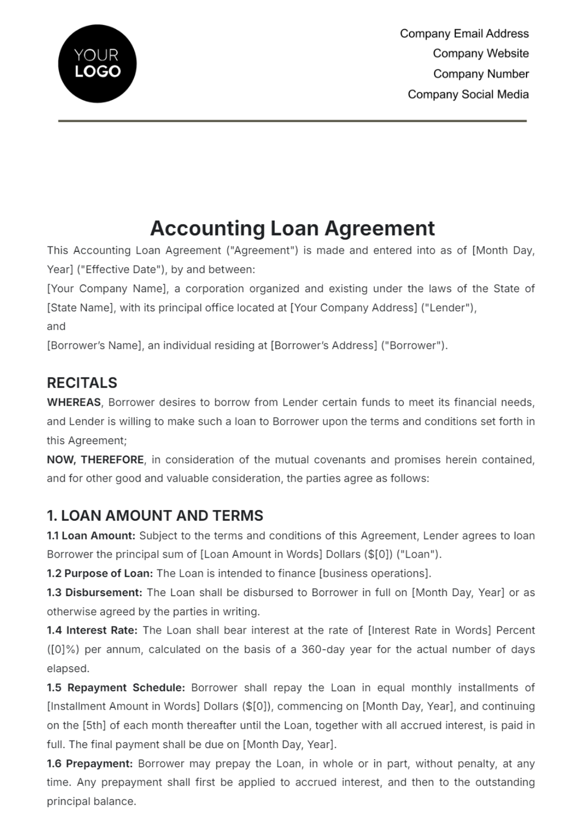 Accounting Loan Agreement Template - Edit Online & Download