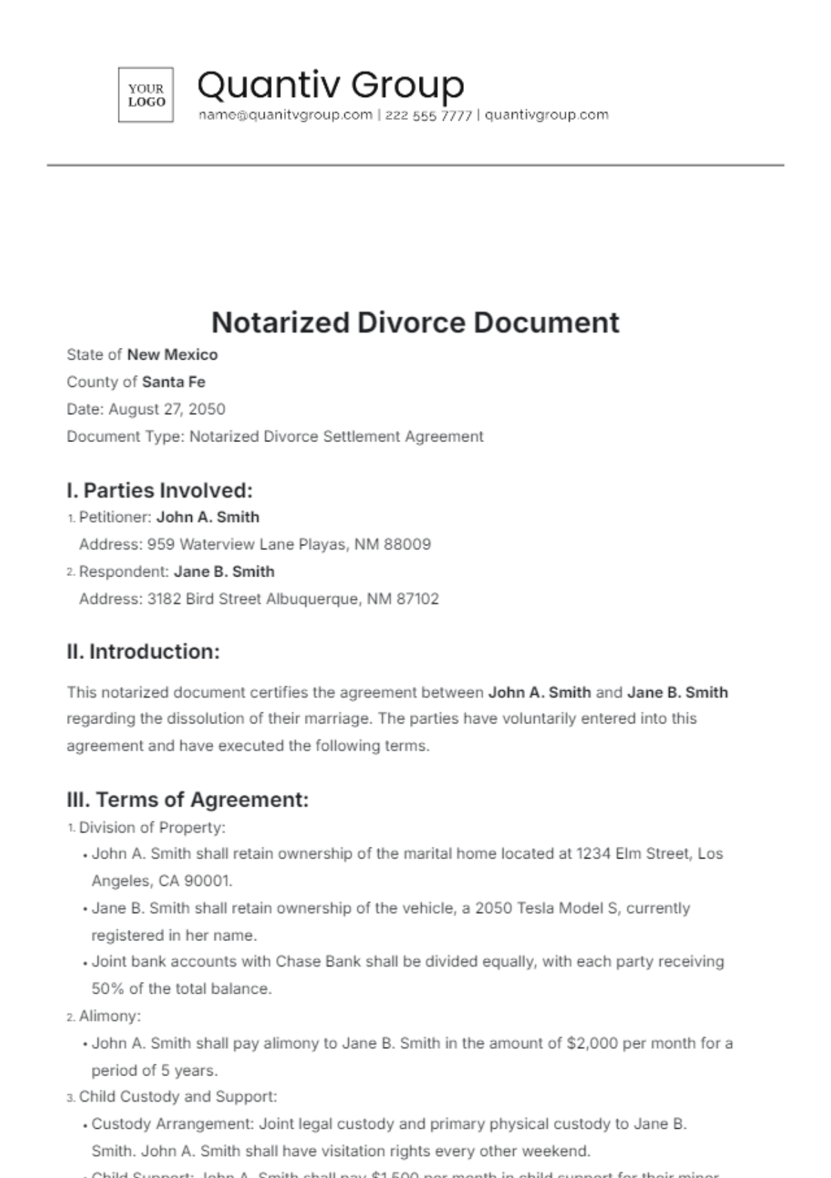 Free Notarized Divorce Document Template