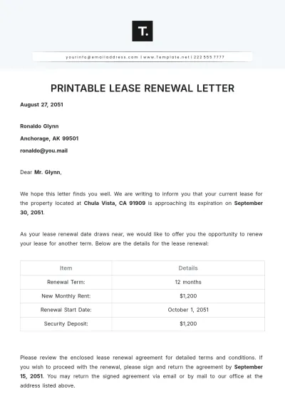 Free Printable Lease Renewal Letter Template to Edit Online