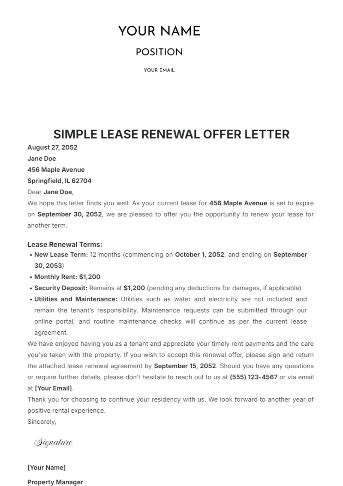 Simple Lease Renewal Offer Letter Template - Edit Online & Download