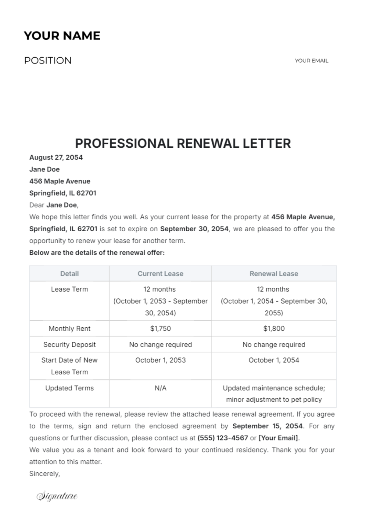 Professional Lease Renewal Letter Template - Edit Online & Download