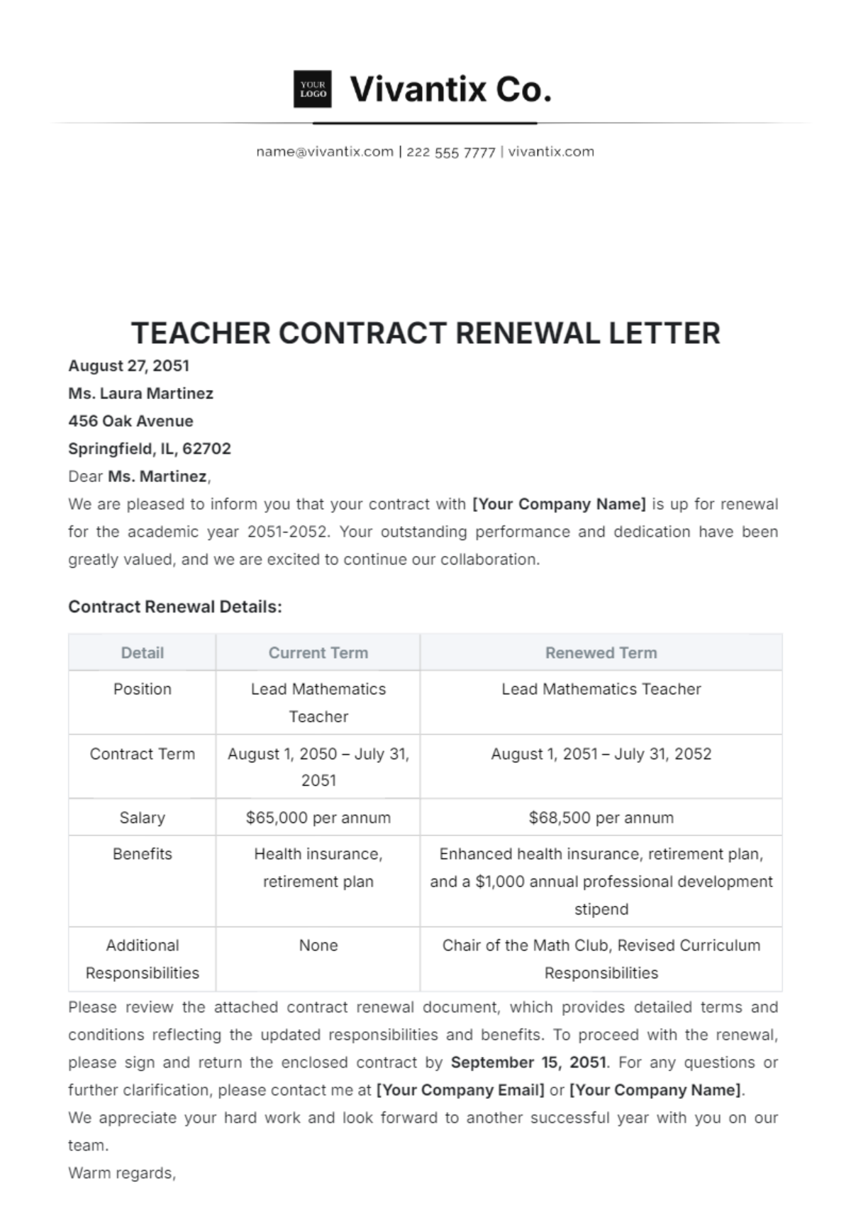 Teacher Contract Renewal Letter Template - Edit Online & Download