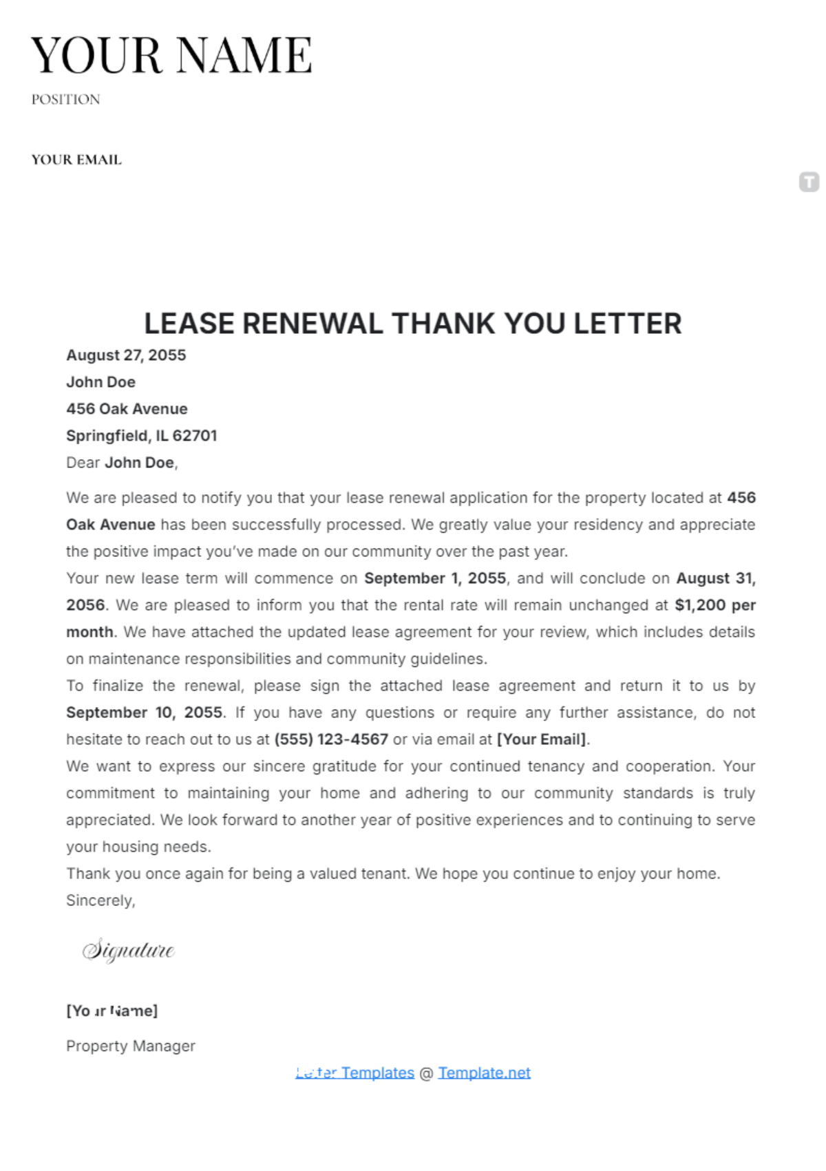 Lease Renewal Thank You Letter Template - Edit Online & Download