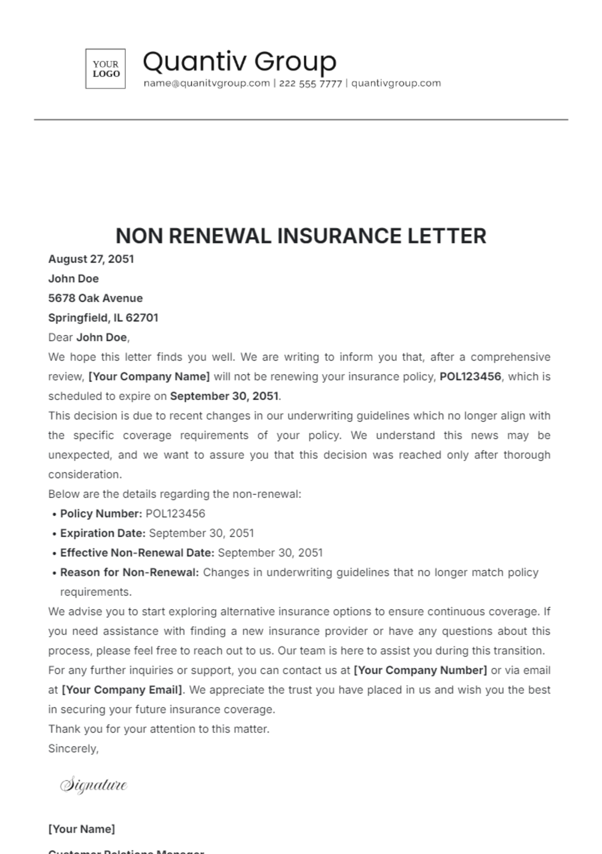 Free Non-Renewal Insurance Letter Template to Edit Online